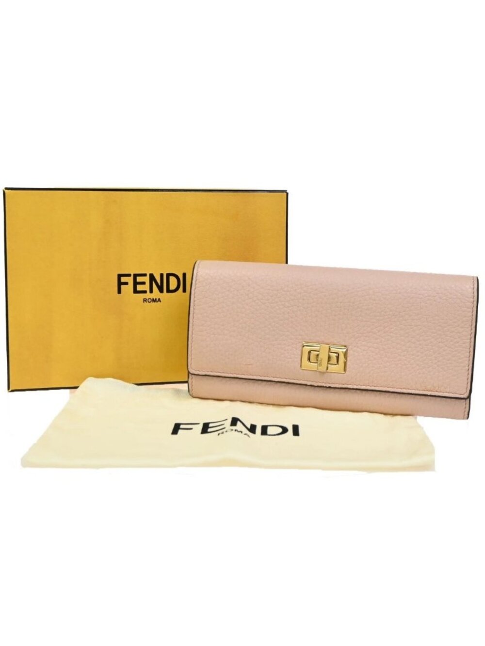 FENDI Logo Peekaboo Bifold Turn Lock Long Wallet Leather Pink Italy GHW 61KC929